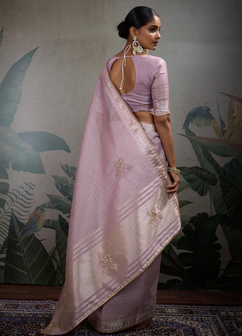 Monjolika Fashion Beautiful Lilac Color Tissue Linen Khatli Hand Work Classic Saree - Distacart