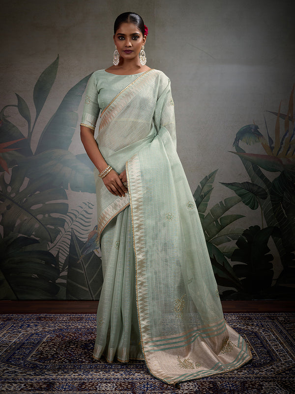 Monjolika Fashion Beautiful Light Blue Color Tissue Linen Khatli Hand Work Classic Saree