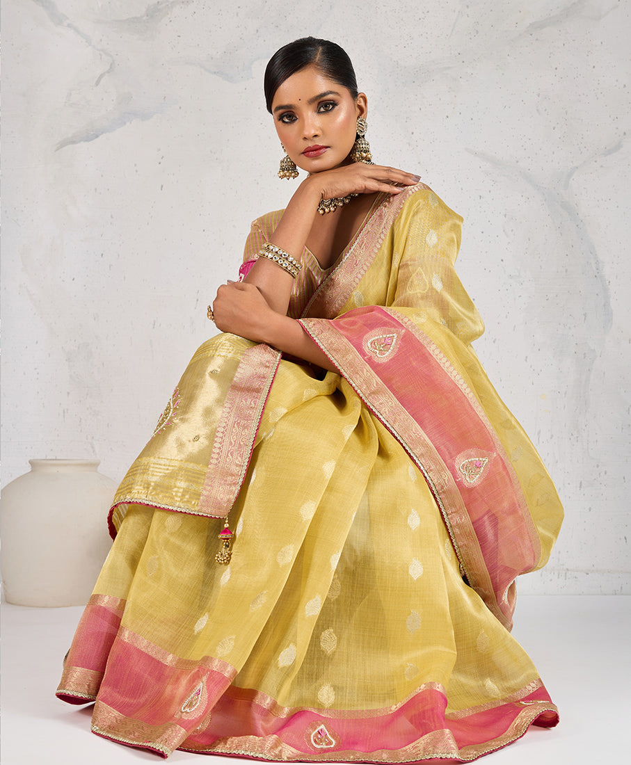 Monjolika Fashion Charming Yellow Soft Tissue Linen Saree With Pretty Blouse Piece - Distacart
