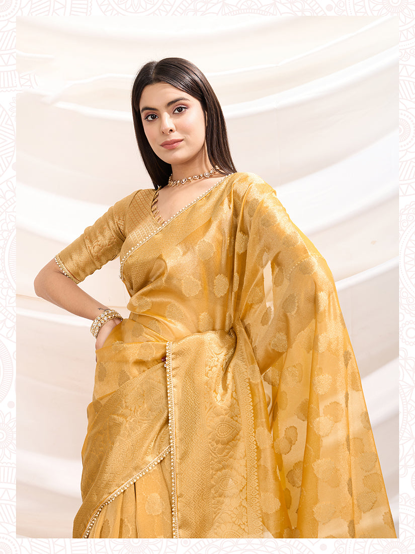 Monjolika Fashion Ethnic Light Yellow Crush Tissue Designer Saree - Distacart