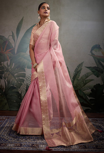 Monjolika Fashion Moiety Light Pink Soft Tissue Silk Saree With Tissue Brocade Blouse Piece