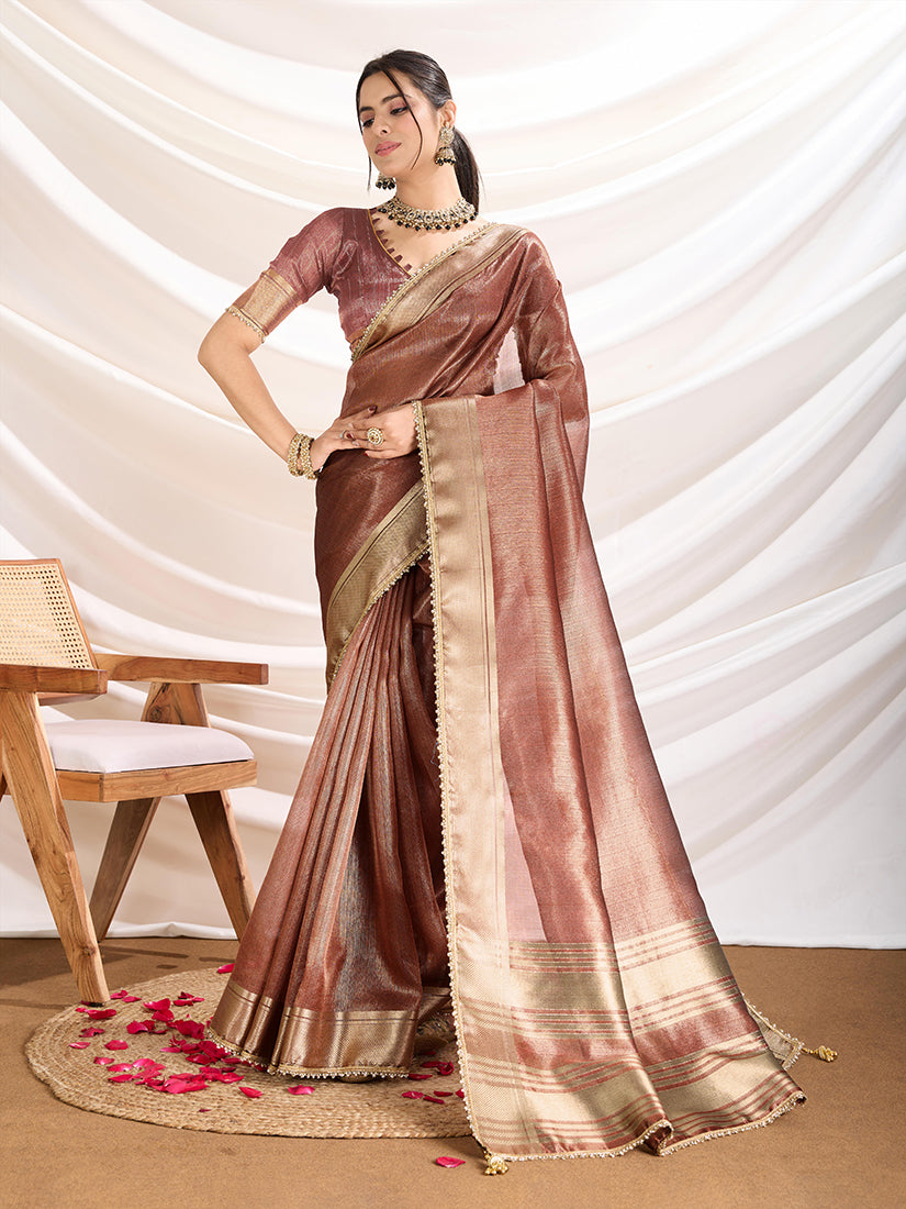 Monjolika Fashion Rust Color Soft Linen Tissue Designer Border Work Saree - Distacart