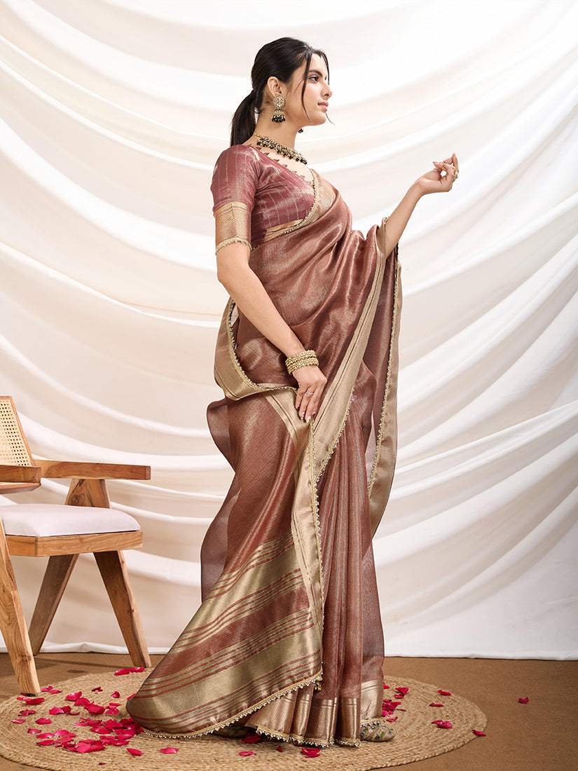 Monjolika Fashion Rust Color Soft Linen Tissue Designer Border Work Saree - Distacart