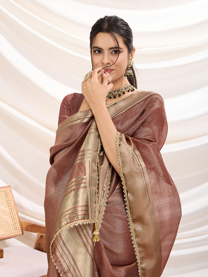 Monjolika Fashion Rust Color Soft Linen Tissue Designer Border Work Saree - Distacart