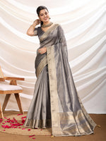 Thumbnail for Monjolika Fashion Grey Color Soft Linen Tissue Designer Border Work Saree - Distacart