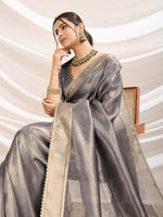 Thumbnail for Monjolika Fashion Grey Color Soft Linen Tissue Designer Border Work Saree - Distacart