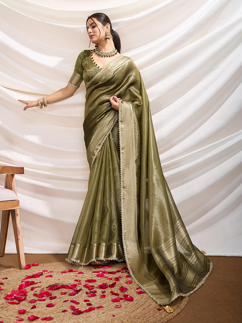 Monjolika Fashion Olive Green Color Soft Linen Tissue Designer Border Work Saree - Distacart