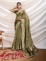 Thumbnail for Monjolika Fashion Olive Green Color Soft Linen Tissue Designer Border Work Saree - Distacart