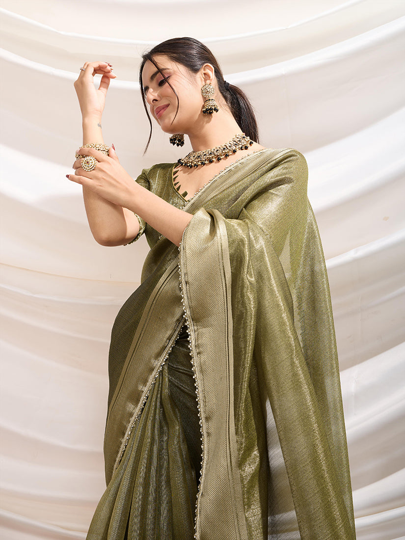 Monjolika Fashion Olive Green Color Soft Linen Tissue Designer Border Work Saree - Distacart