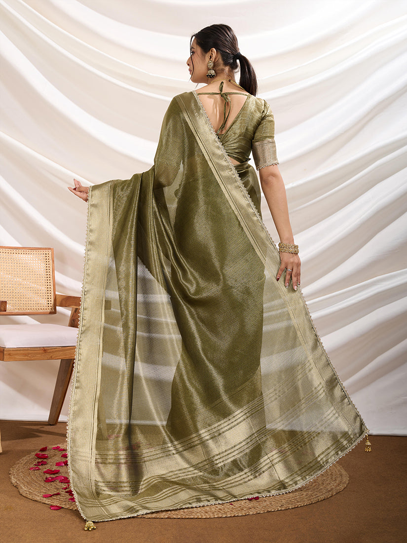 Monjolika Fashion Olive Green Color Soft Linen Tissue Designer Border Work Saree - Distacart