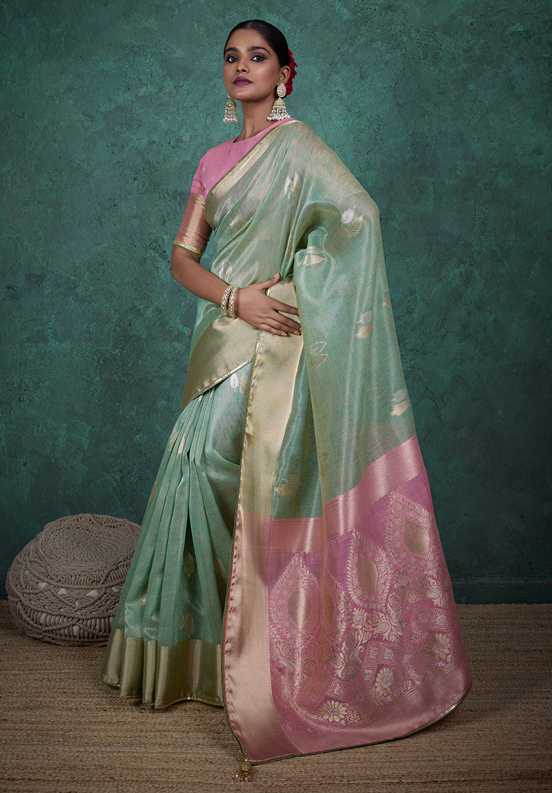 Monjolika Fashion A Glam Light Blue Linen Blend Woven Sequin Work Saree - Distacart