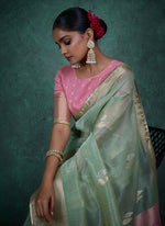 Thumbnail for Monjolika Fashion A Glam Light Blue Linen Blend Woven Sequin Work Saree