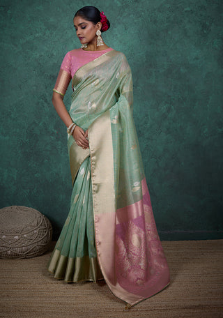 Monjolika Fashion A Glam Light Blue Linen Blend Woven Sequin Work Saree