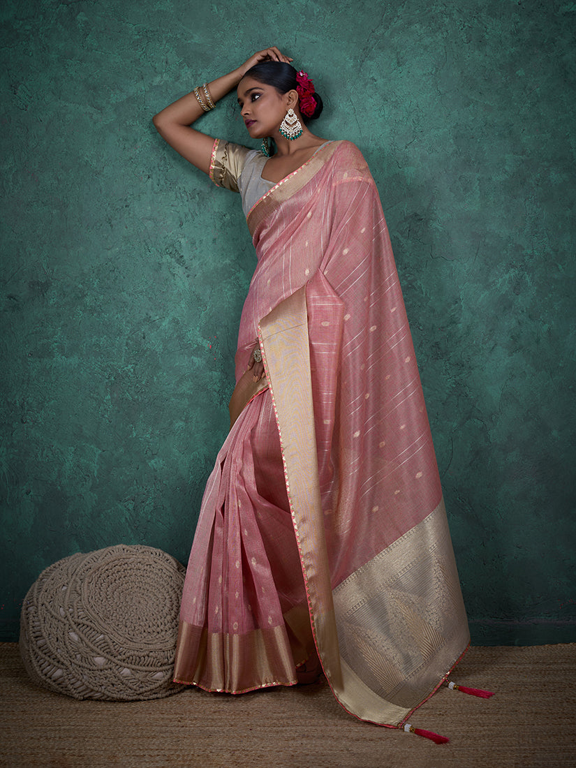 Monjolika Fashion A Glam Light Pink Linen Blend Woven Sequin Work Saree - Distacart