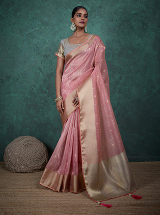 Monjolika Fashion A Glam Light Pink Linen Blend Woven Sequin Work Saree