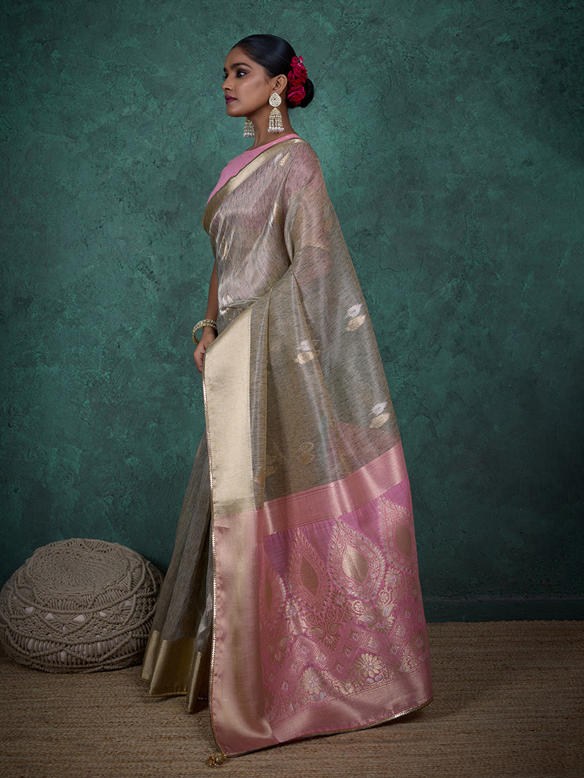 Monjolika Fashion A Glam Light Grey Linen Blend Woven Sequin Work Saree - Distacart