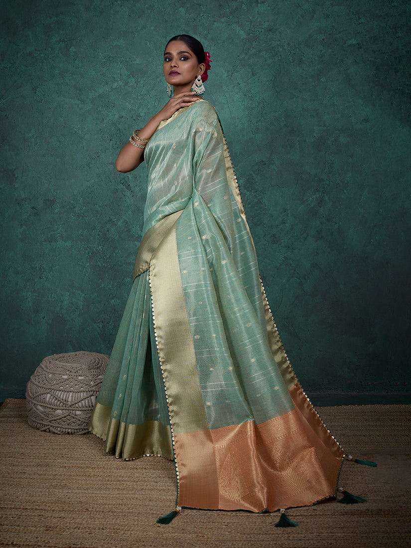 Monjolika Fashion A Glam Sky Blue Linen Blend Woven Sequin Work Saree - Distacart