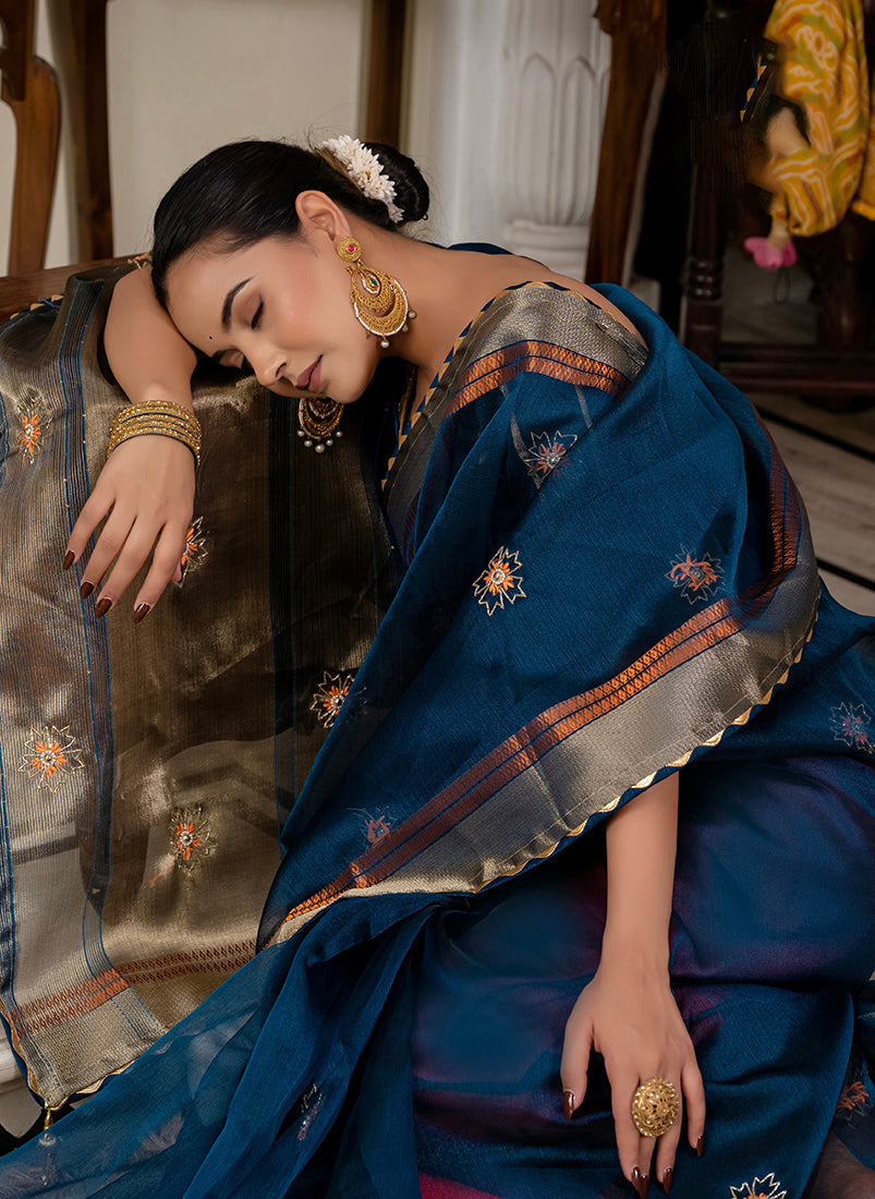 Monjolika Fashion Teal Blue Color Cutdana Work Kota Linen Stylish Saree - Distacart