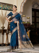Thumbnail for Monjolika Fashion Teal Blue Color Cutdana Work Kota Linen Stylish Saree - Distacart