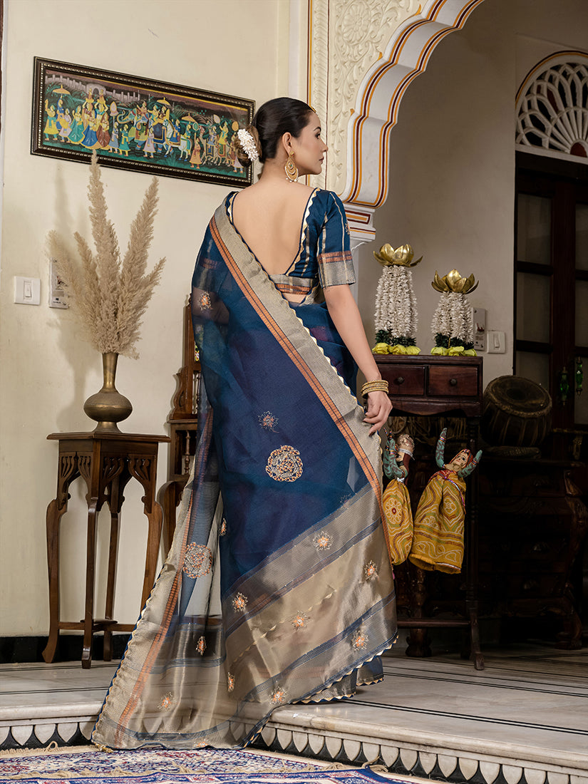 Monjolika Fashion Teal Blue Color Cutdana Work Kota Linen Stylish Saree - Distacart