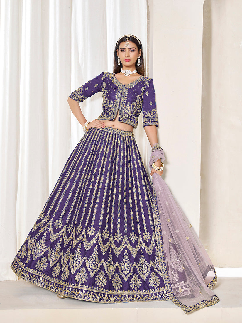 Monjolika Fashion Embroidered Purple Art Silk Designer Long Lehenga Choli - Distacart