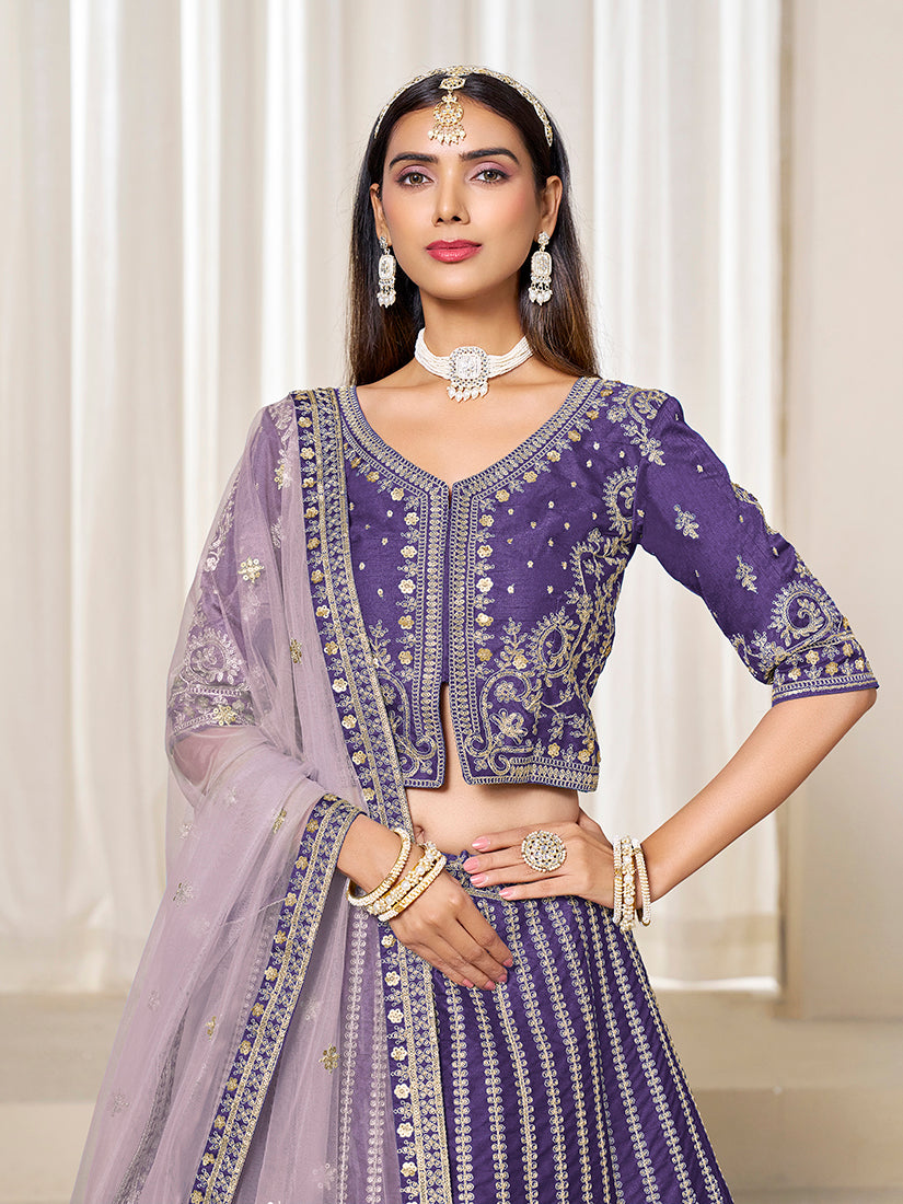 Monjolika Fashion Embroidered Purple Art Silk Designer Long Lehenga Choli - Distacart