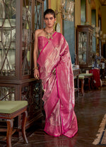Thumbnail for Monjolika Fashion Hot Pink Kanjivaram Silk Blend Woven Classic Saree - Distacart