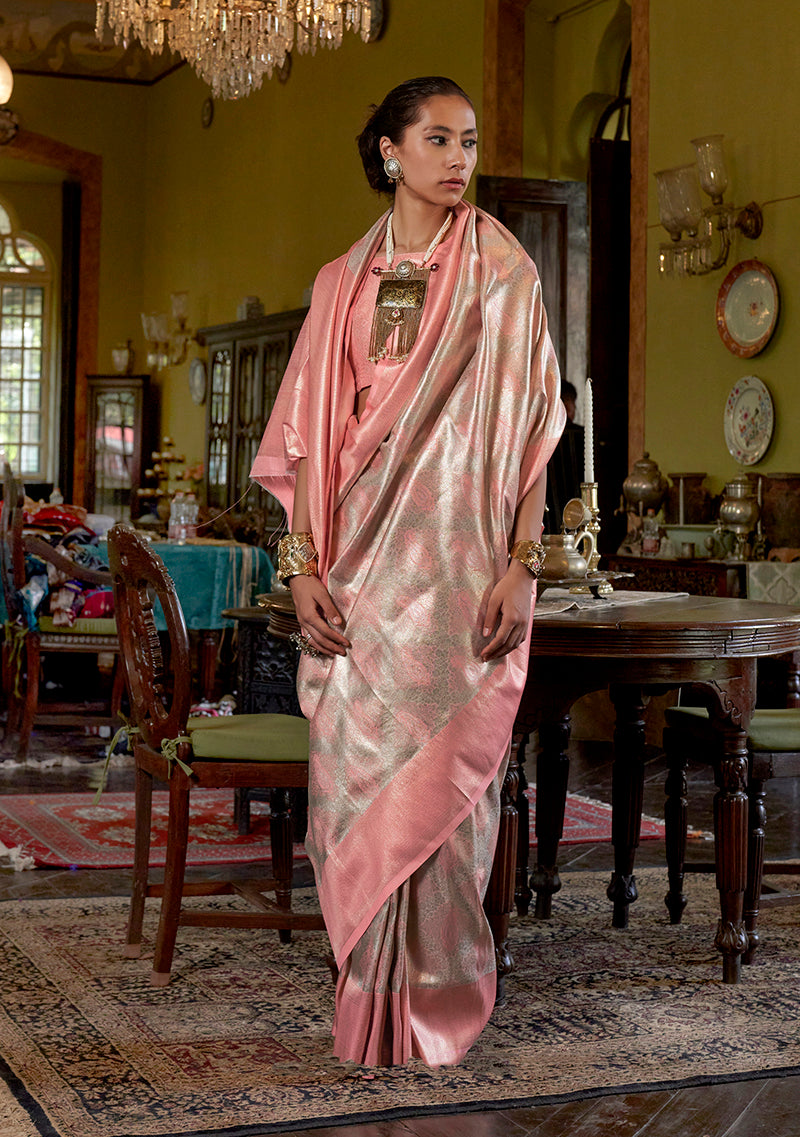 Monjolika Fashion Peach Kanjivaram Silk Blend Woven Classic Saree - Distacart