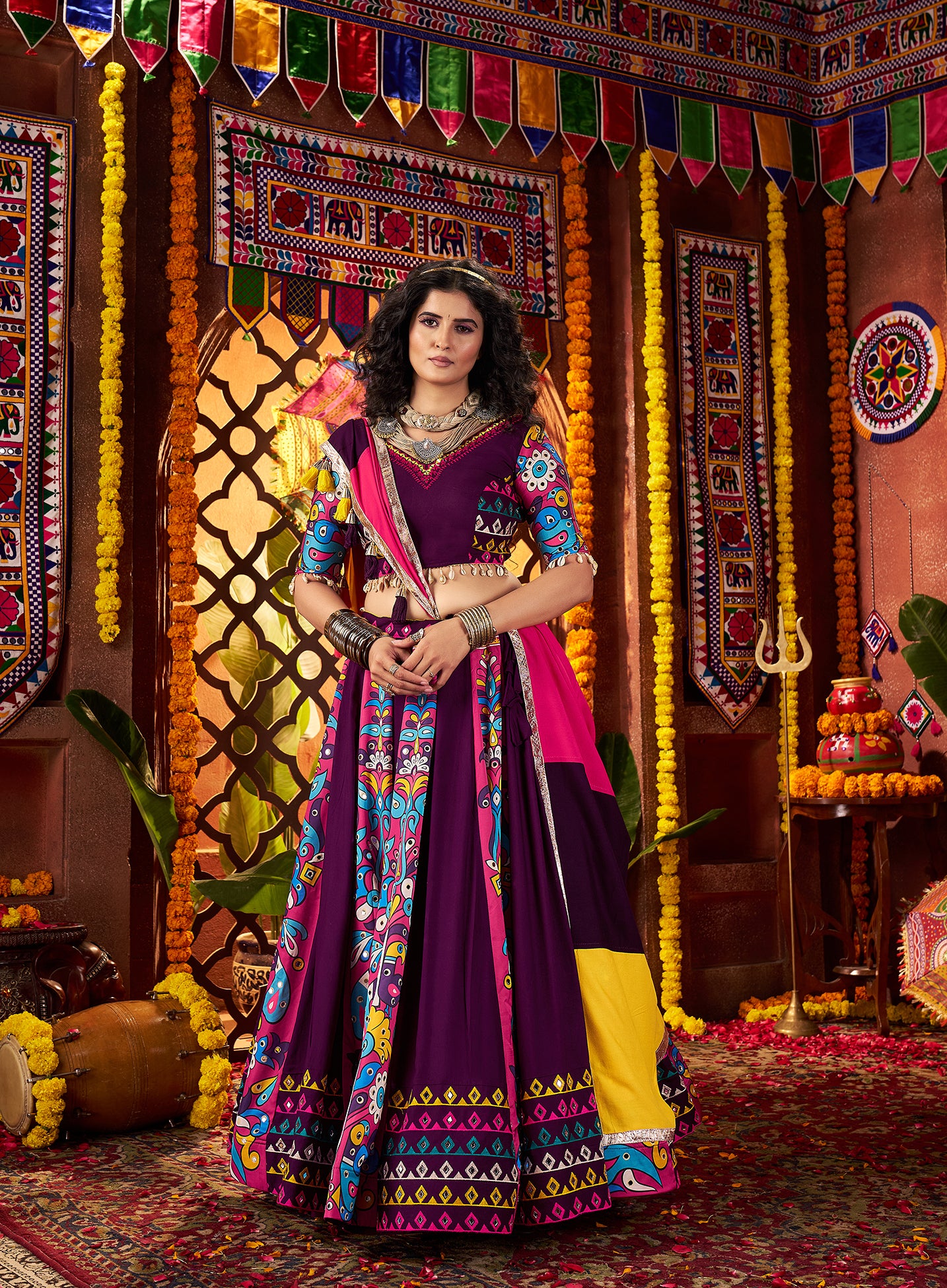 Monjolika Fashion Purple Viscose Cotton Digital Print Mirror Work Navratri Chaniya Choli With Dupatta