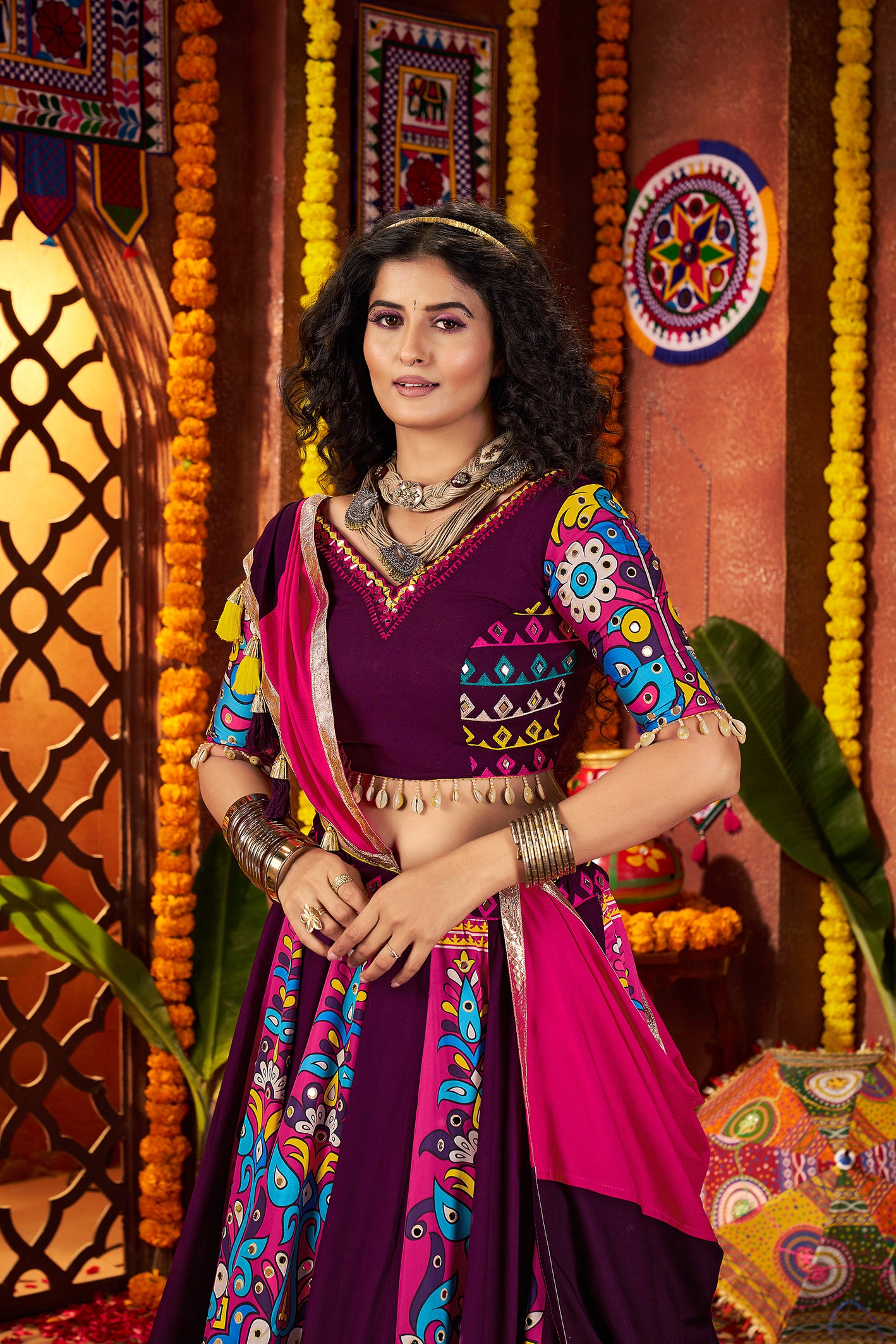 Monjolika Fashion Purple Viscose Cotton Digital Print Mirror Work Navratri Chaniya Choli With Dupatta