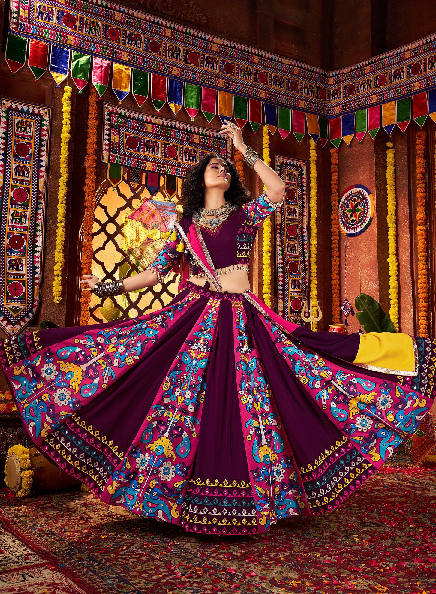 Monjolika Fashion Purple Viscose Cotton Digital Print Mirror Work Navratri Chaniya Choli With Dupatta