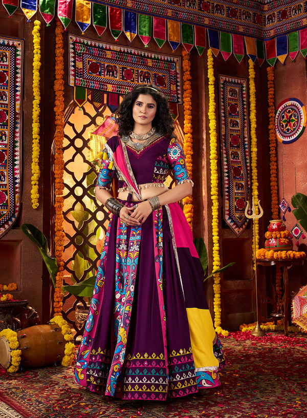 Monjolika Fashion Purple Viscose Cotton Digital Print Mirror Work Navratri Chaniya Choli With Dupatta