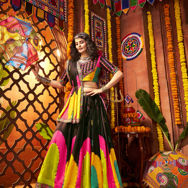 Monjolika Fashion Traditional Printed Black Gajji Silk Lehenga Choli For Navratri