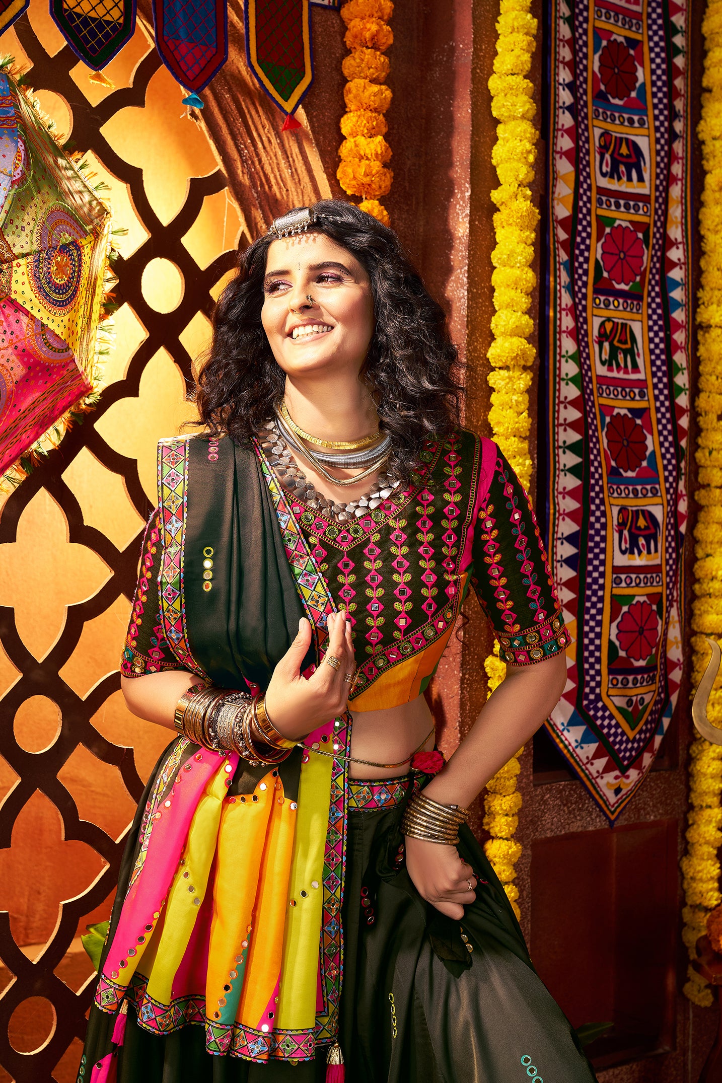 Monjolika Fashion Traditional Printed Black Gajji Silk Lehenga Choli For Navratri