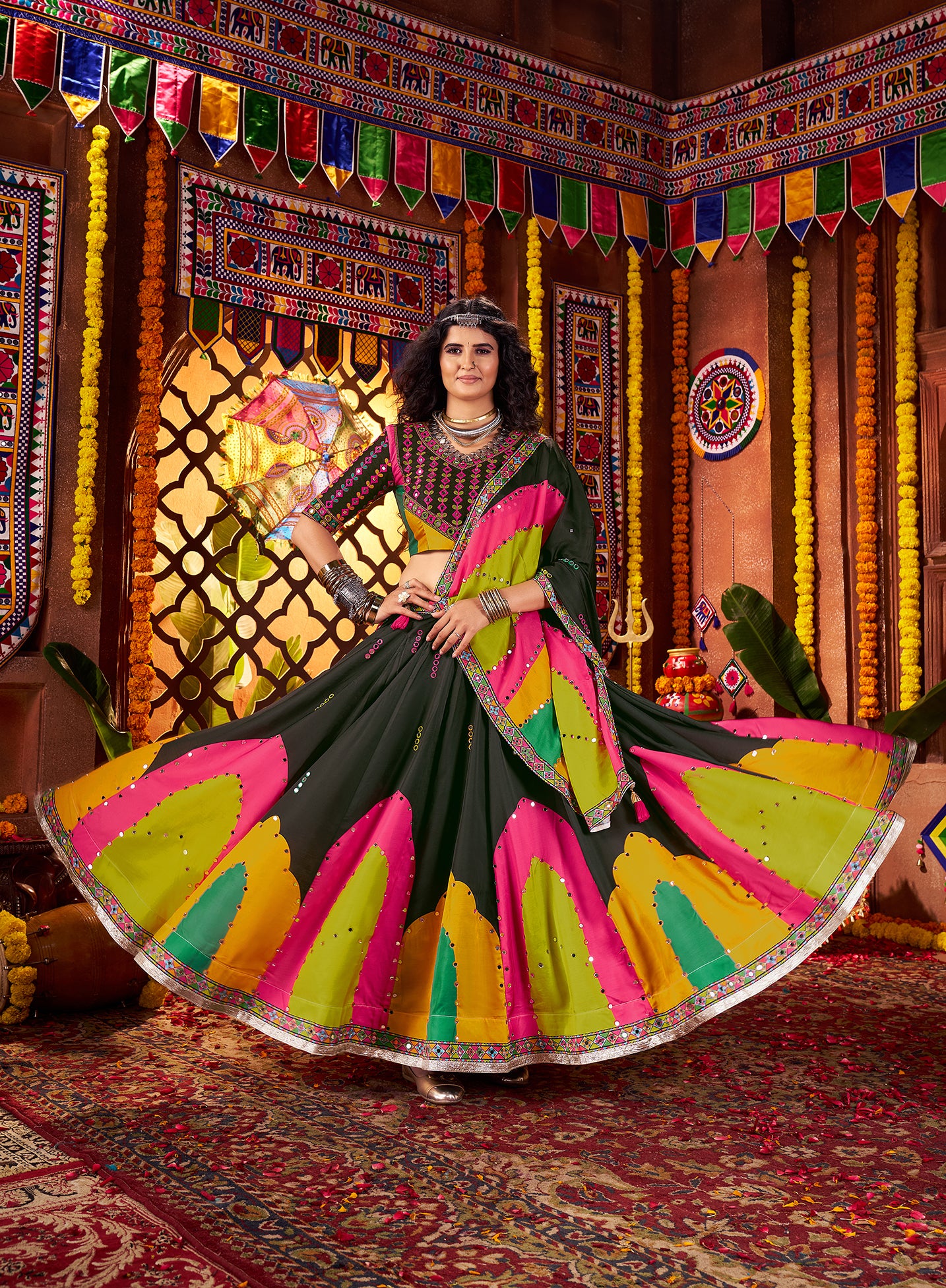 Monjolika Fashion Traditional Printed Black Gajji Silk Lehenga Choli For Navratri