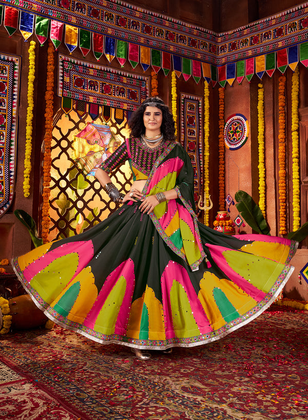 Monjolika Fashion Traditional Printed Black Gajji Silk Lehenga Choli For Navratri