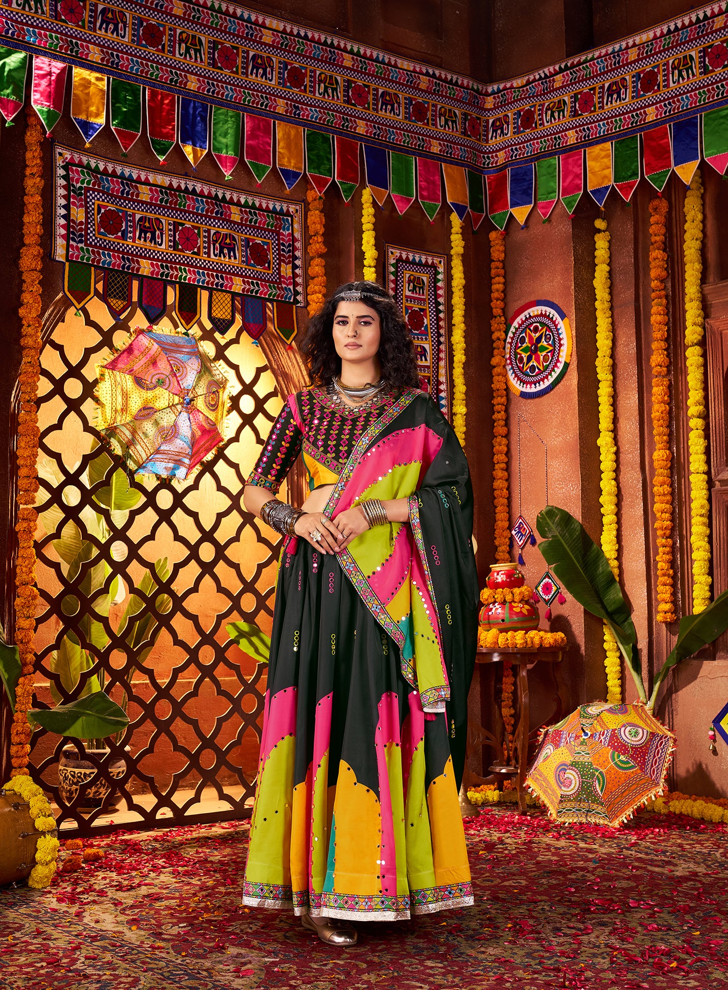 Monjolika Fashion Traditional Printed Black Gajji Silk Lehenga Choli For Navratri