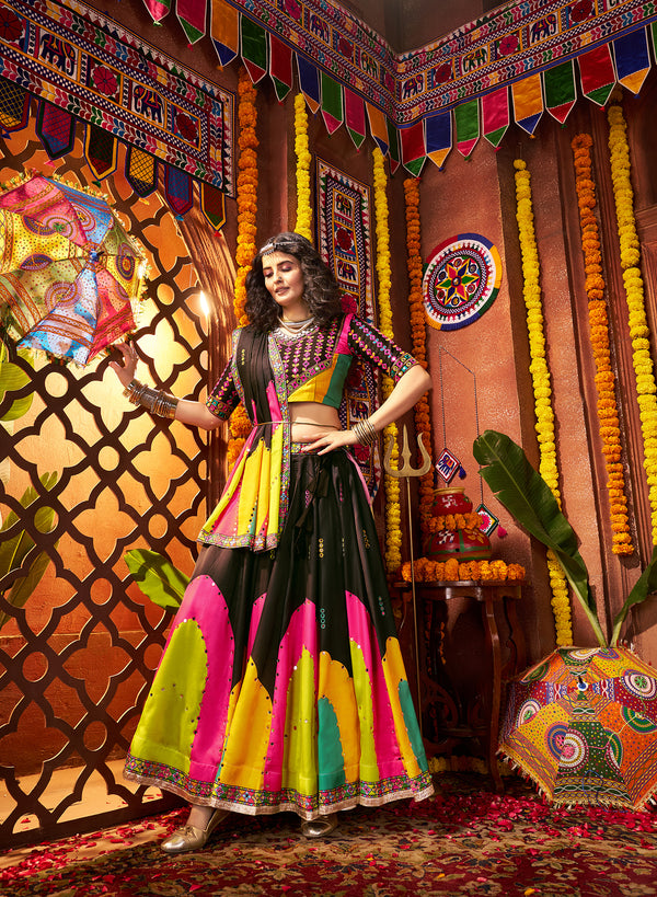 Monjolika Fashion Traditional Printed Black Gajji Silk Lehenga Choli For Navratri