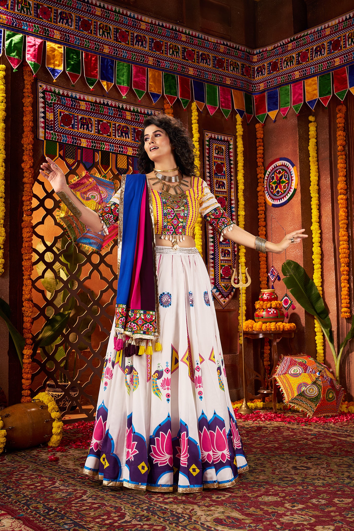 Monjolika Fashion Gajji Silk White Navratri Chaniya Choli In Multi Thread And Mirror Hand Work