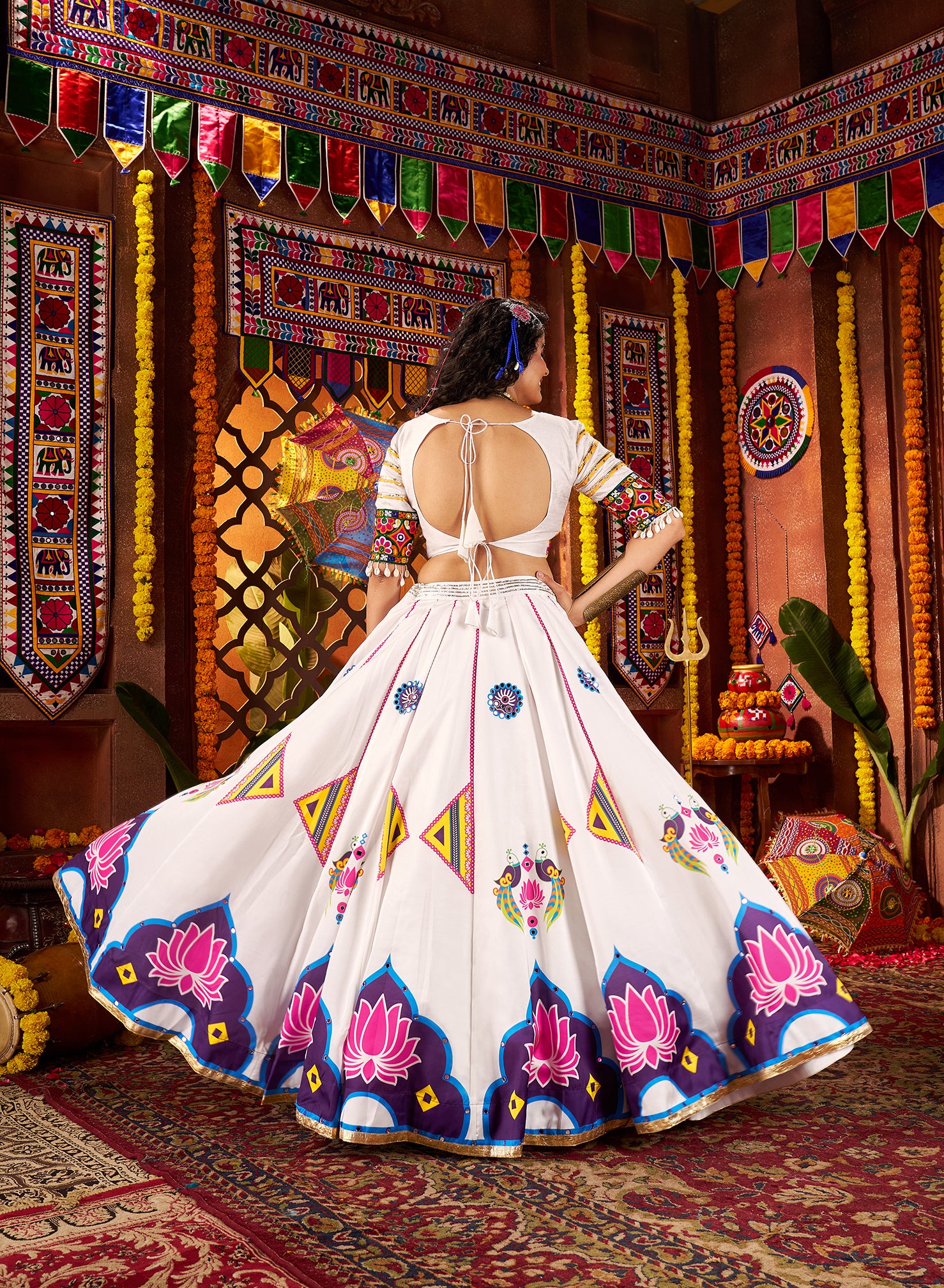 Monjolika Fashion Gajji Silk White Navratri Chaniya Choli In Multi Thread And Mirror Hand Work
