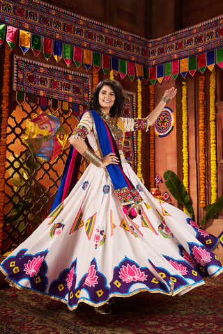 Monjolika Fashion Gajji Silk White Navratri Chaniya Choli In Multi Thread And Mirror Hand Work