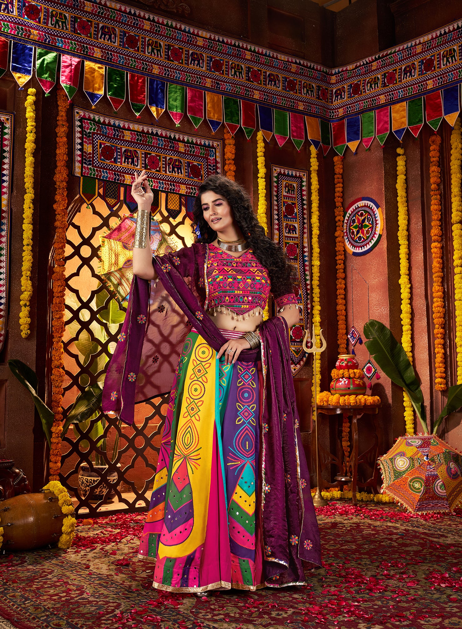 Monjolika Fashion Colorful Gajji Silk Navratri Lehenga Choli With Mirror Work