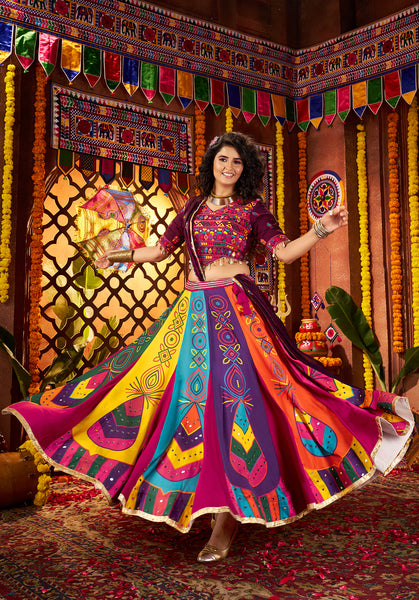 Monjolika Fashion Colorful Gajji Silk Navratri Lehenga Choli With Mirror Work