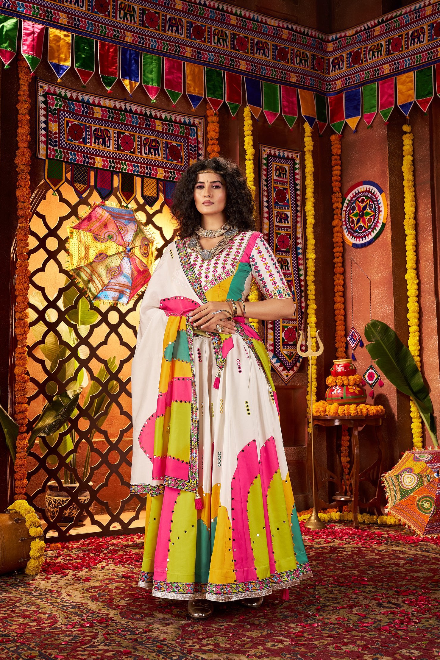 Monjolika Fashion White Gajji Silk Navratri Lehenga Choli With Digital Print & Mirror Work