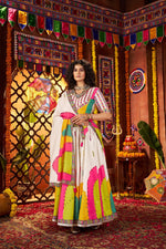 Thumbnail for Monjolika Fashion White Gajji Silk Navratri Lehenga Choli With Digital Print & Mirror Work