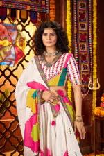 Thumbnail for Monjolika Fashion White Gajji Silk Navratri Lehenga Choli With Digital Print & Mirror Work