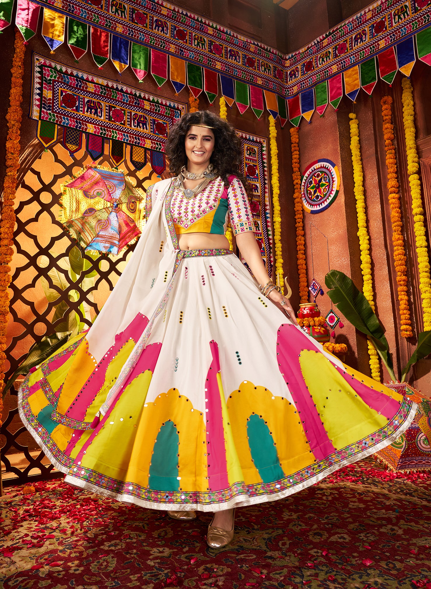 Monjolika Fashion White Gajji Silk Navratri Lehenga Choli With Digital Print & Mirror Work