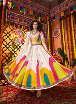 Thumbnail for Monjolika Fashion White Gajji Silk Navratri Lehenga Choli With Digital Print & Mirror Work