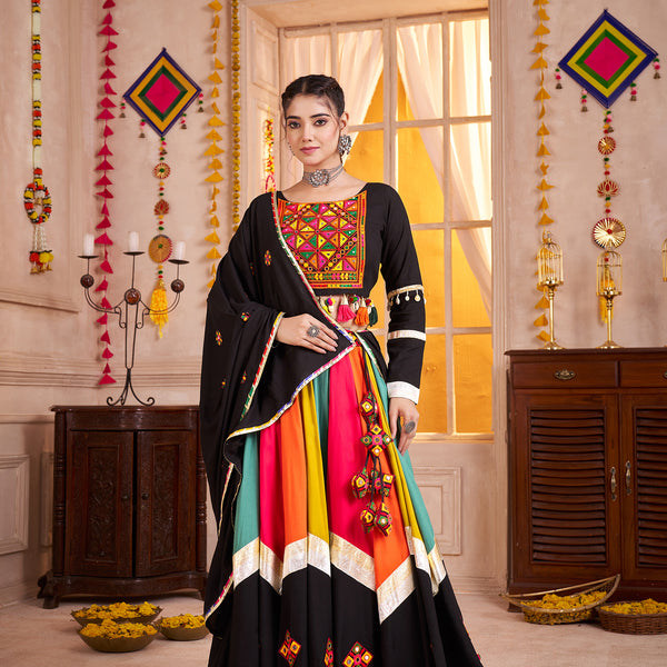 Monjolika Fashion Viscose Cotton Black Lehenga Choli For Navratri In Thread & Mirror Work - Distacart