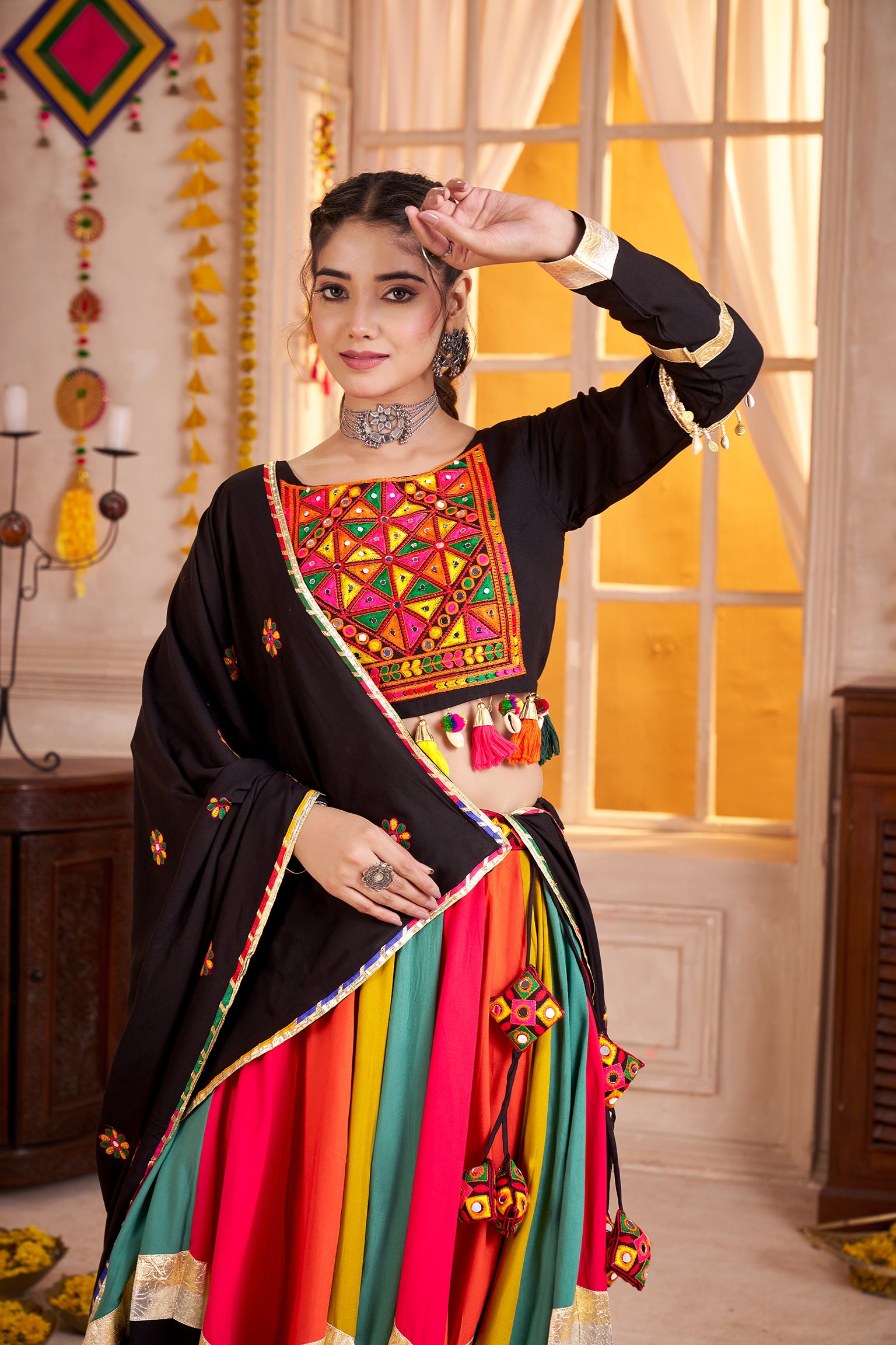 Monjolika Fashion Viscose Cotton Black Lehenga Choli For Navratri In Thread & Mirror Work